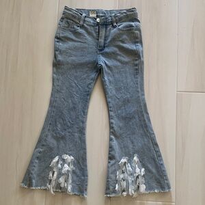 Little Girls Blue Flared Jeans with Floral Accents